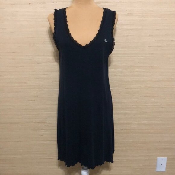 Lauren Ralph Lauren Dark Navy V-neck Black Lace-Trimmed Nightgown Dress sz Small - Picture 1 of 11